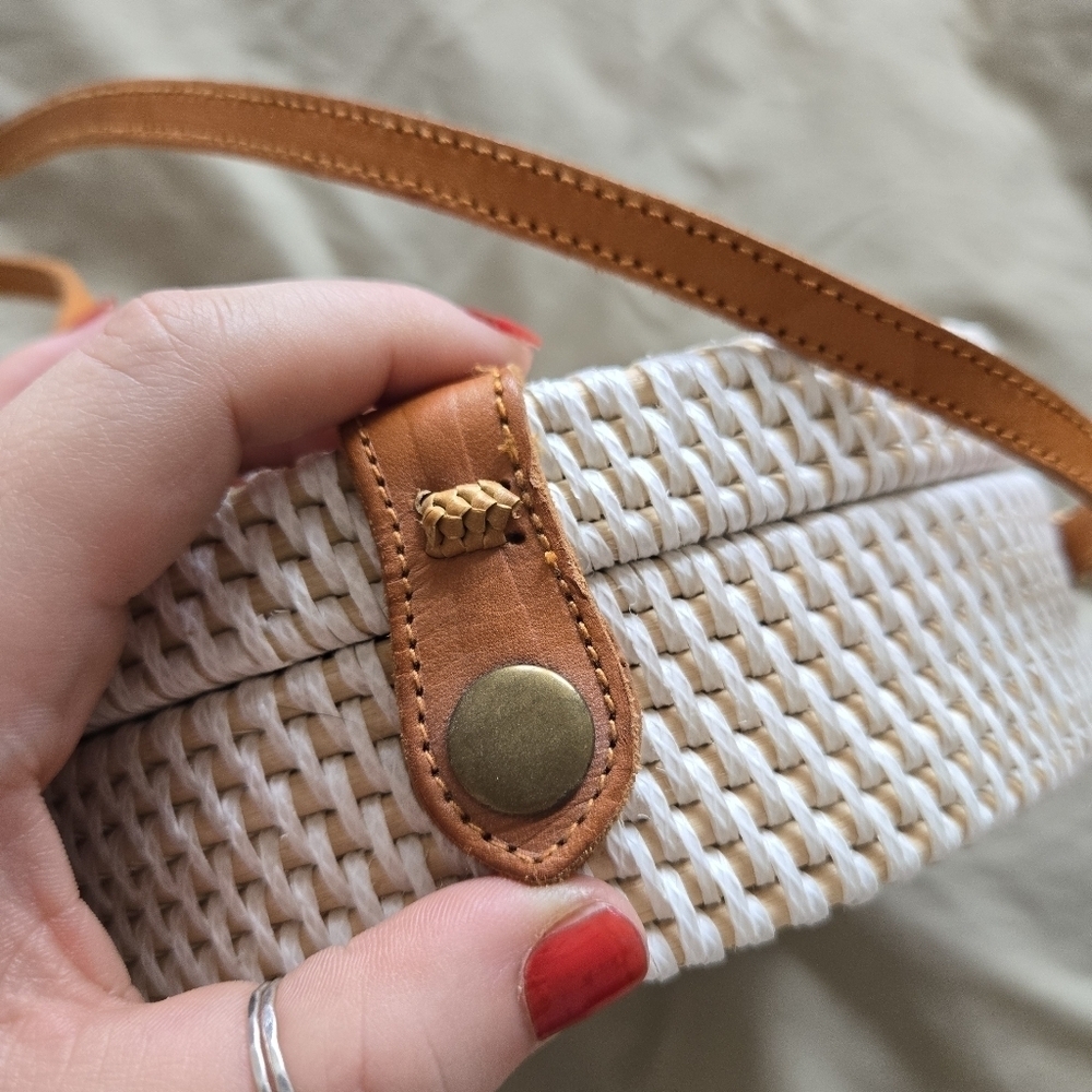 White Woven Crossbody Bag with Tan Strap - Picture 4 of 7